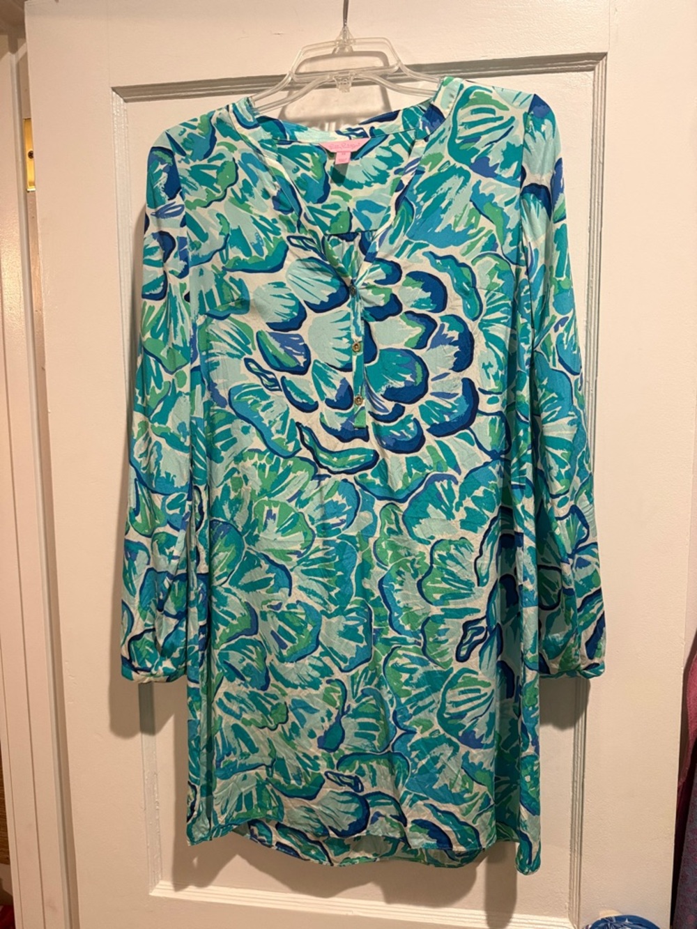 XS silk Lilly Pulitzer Teal & Blue Long-Sleeve Floral Dress
